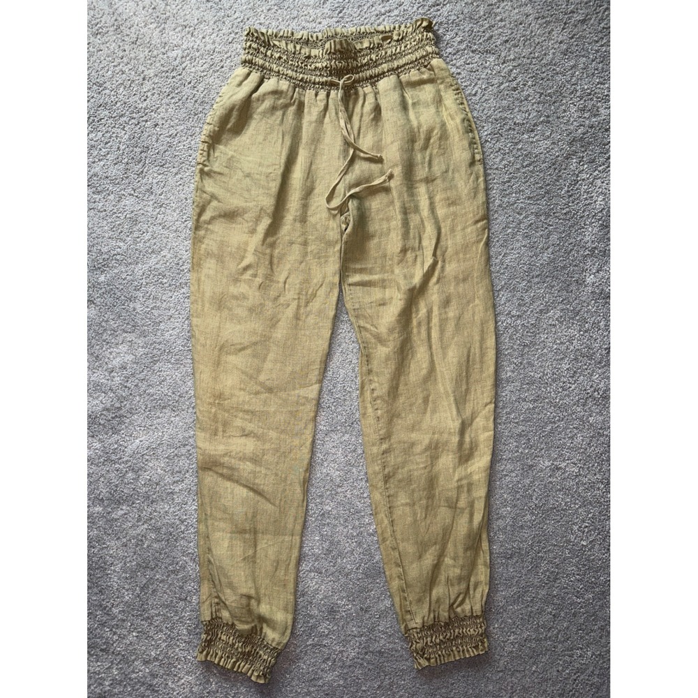 Bela Dahl Womens Linen Smocked Waist Jogger Pants Olive Green Small